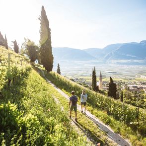 Turyści spacerujący ścieżką trekkingową ponad miastem w Tyrolu Południowym (fot. Benjamin Pfitscher / IDM Südtirol)