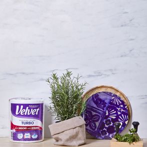 Blat z reczniiem papierowym Velvet, oraz rozmarynem w doniczce