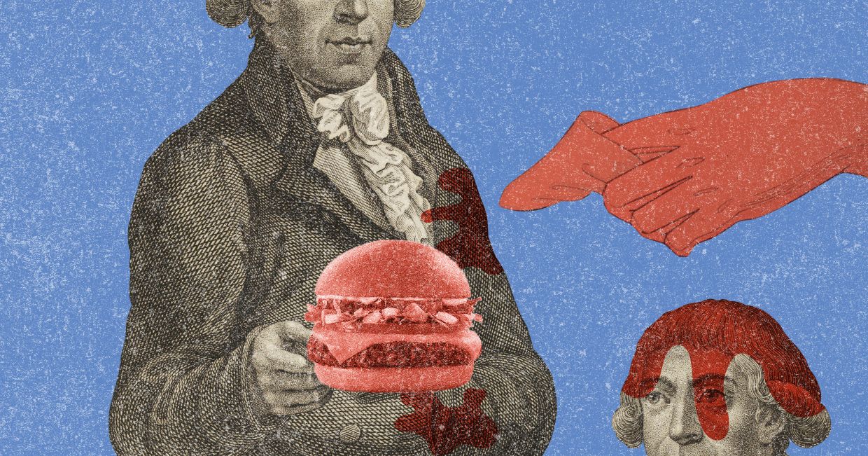 Ilustracja przedstawia upapranego sosem Augusta Gottfrieda Burgera, trzymającego w ręku burgera (il. Marcin Lewandowski)