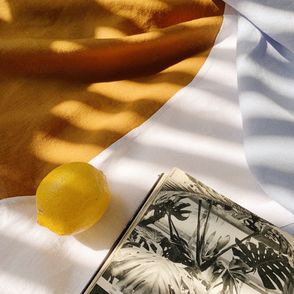 Lniany, kremowo pomarańczowy, plażowy ręcznik marki Lazy Beaches, leżący na nim album z czarno białymi zdjęciami roślin, cytryna (fot. Eliza Dunajska/Lazy Beaches)