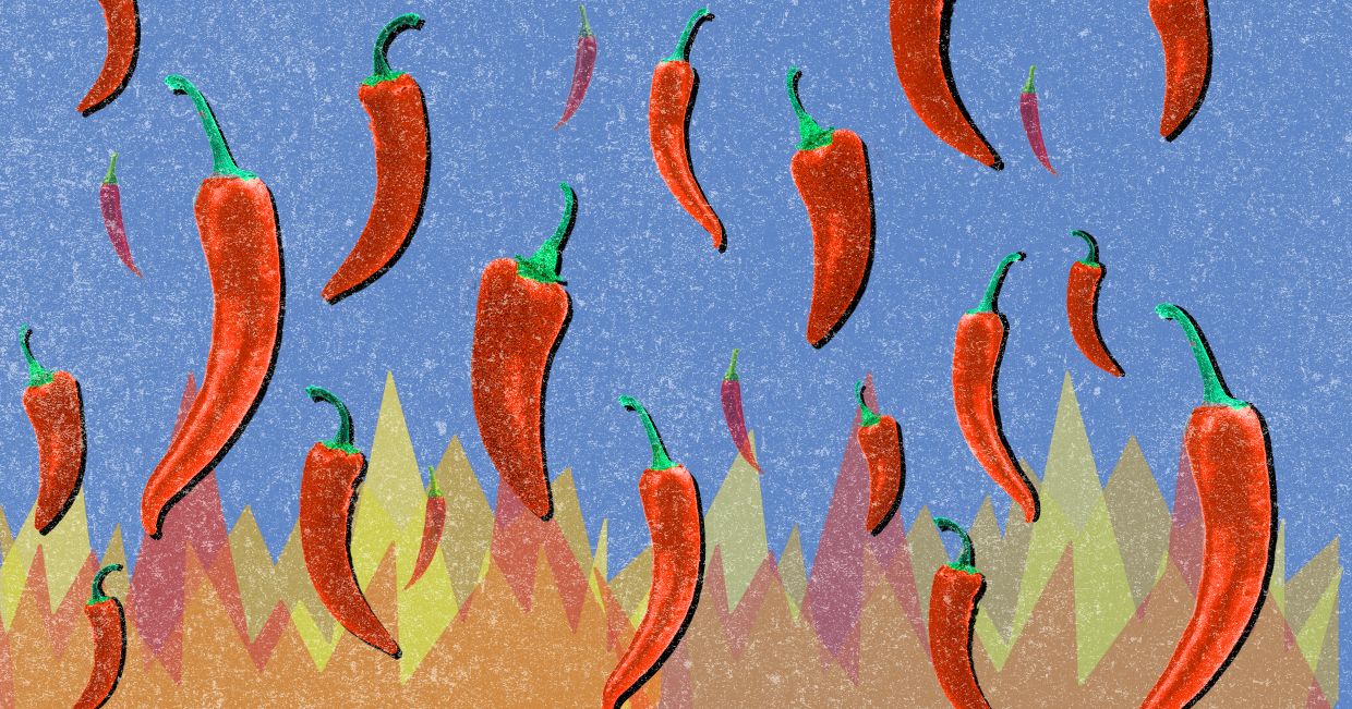 Ilustracja przedstawiająca lewitujące papryki (il. Marcin Lewandowski)