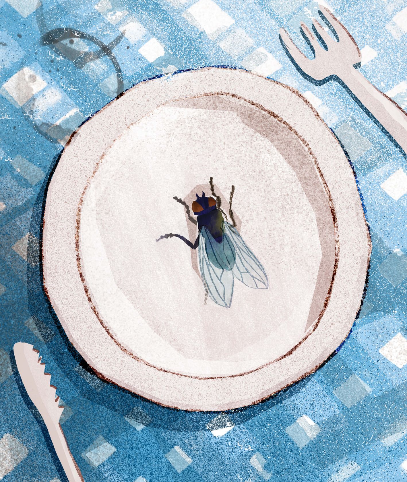 Ilustracja przedstawiająca muchę na talerzu, obrus i sztućce (ilustracja: Urszula Mierzwa)