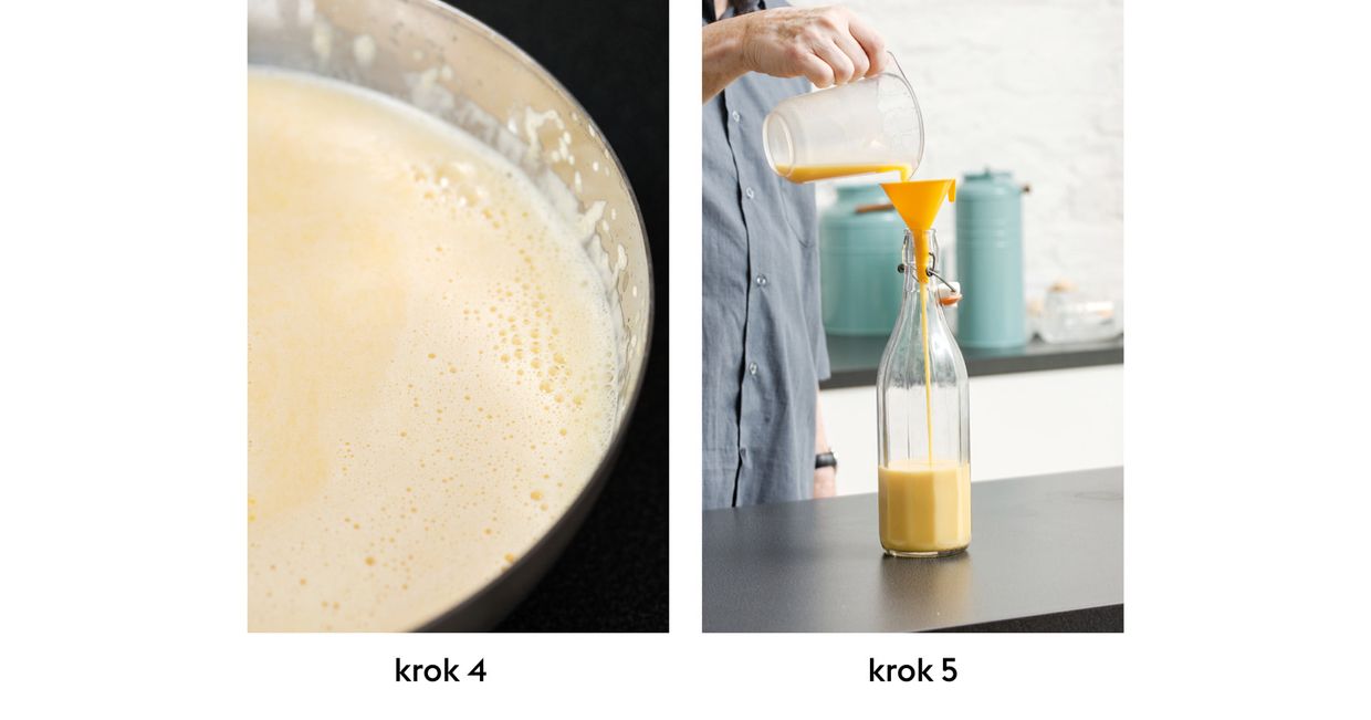 Zdjęcia kroków potrzebnych do wykonania ajerkoniaku. Misa z gotowym ajerkoniakiem, przelewanie kremowej masy do butelki (fot. dinnershow studio)