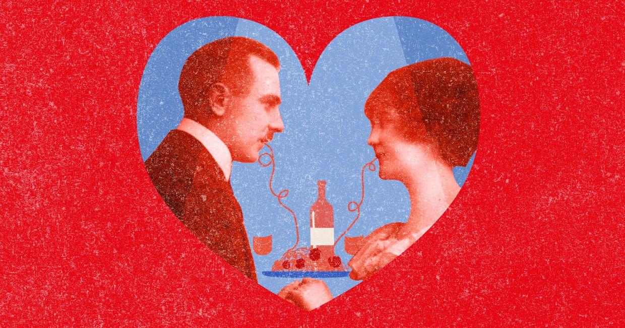 Ilustracja przedstawiająca parę jedzącą wspólnie makaron (il. Marcin Lewandowski)