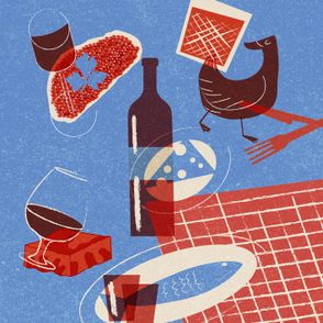 Ilustracja w niebiesko czerwonych kolorach, przedstawiająca tradycyjne połączenie alkoholu i jedzenia w różnych krajach – kaczka i whisky, wino i ser, brandy i brownie, śledź i wódka, szampan i kawior (il. Marcin Lewandowski)
