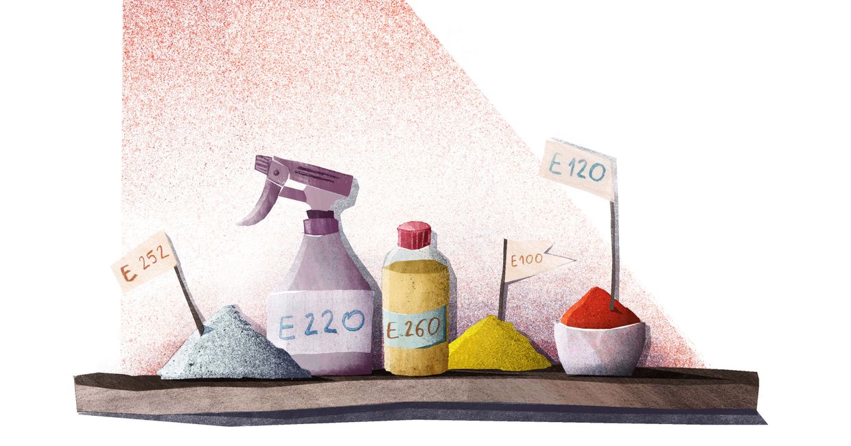 Sztuczne dodatki do żywności stojące na półce (il. Urszula Mierzwa)