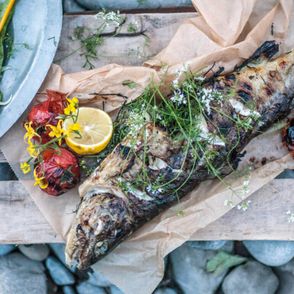 Pstrąg pieczony na grillu z pomidorami, koprem i ziołami (fot. dinnershow.studio)
