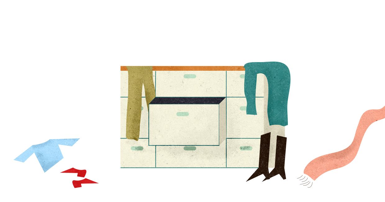 Ilustracja przedstawiająca otwartą szafkę oraz bałagan który się z niej wysypał