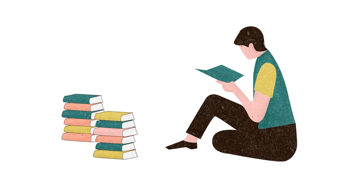 ilustracja przedstawia czytającą osobę, oraz sterty książek