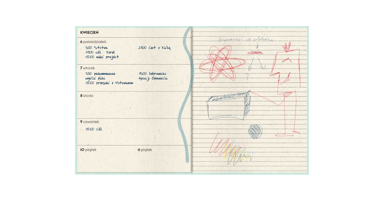 Kalendarz z zapisanymi kartkami. (il. Marcin Lewandowski)