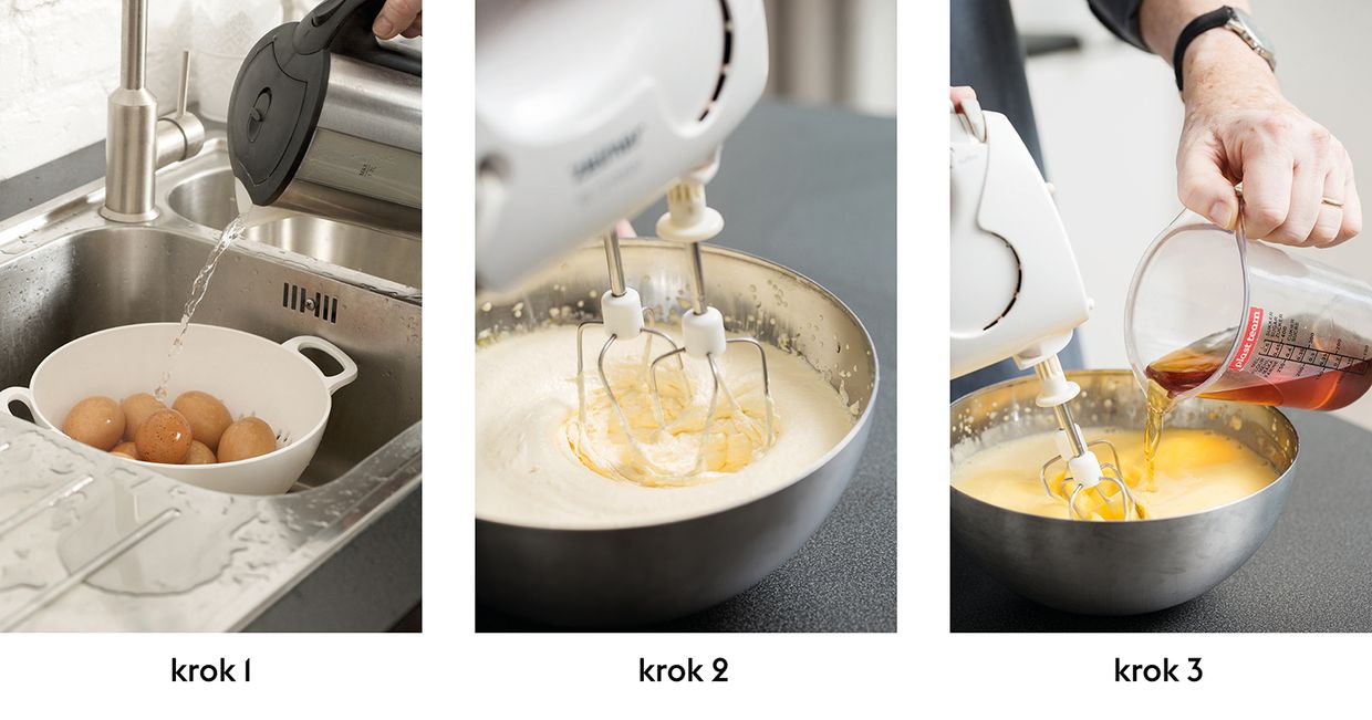 Zdjęcia kroków potrzebnych do wykonania ajerkoniaku. Parzenie jajek, ubijanie żółtek, dolewanie alkoholu do masy jajecznej (fot. dinnershow studio)