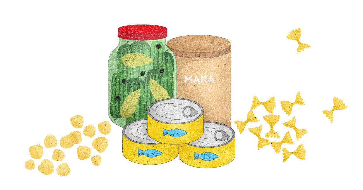 Ilustracja przedstawiająca zapasy: ciecieżycę, ogórki kiszone, tuńczyka w puszce, mąkę oraz makaron