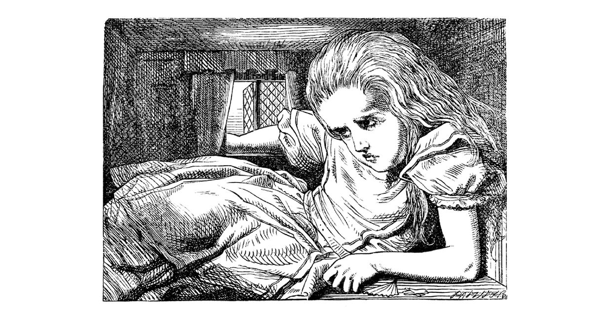 Ilustracja John Tanniela do skróconej wersji "Alicji w krainie czarów" - Alicja po wypiciu powiększającego napoju