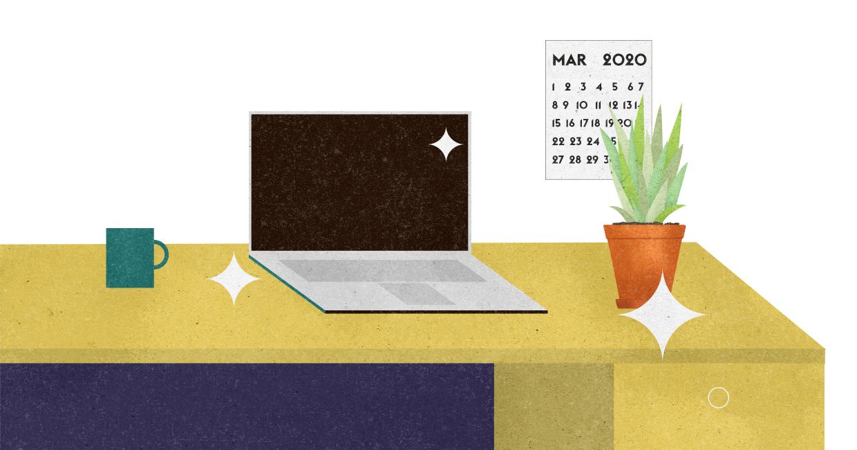 ilustracja przedstawiająca czyste biurko z komputerem, kwiatkiem, kubkiem