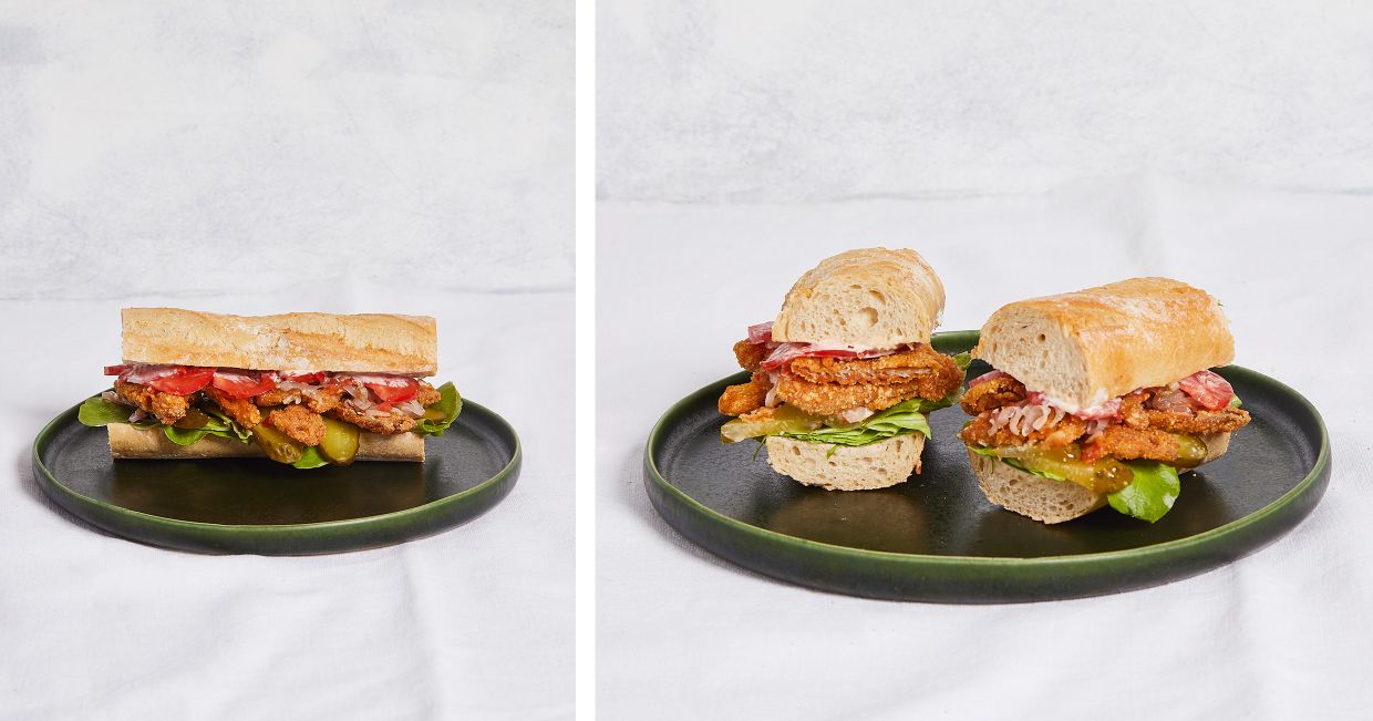 Bagietka z panierowanymi boczniakami, warzywami i ostrym sosem majonezowym (fot. Maciek Niemojewski)