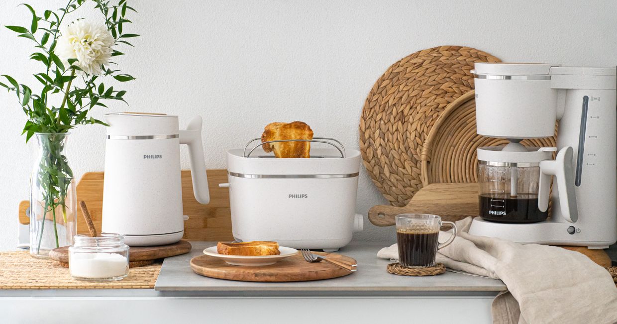 Ekologiczna kolekcja śniadaniowa marki Philips – toster, ekspres przelewowy i czajnik (fot. materiały prasowe)