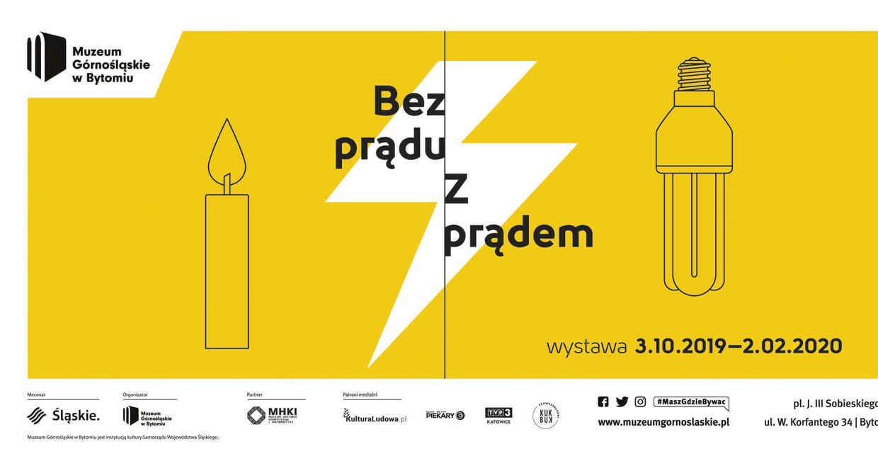 Plakat reklamujący wystawę „Bez prądu|Z prądem” z Muzeum Górnośląskiego