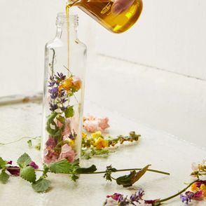 Maceracja kwiatów i ziół sezonu letniego – róża, lawenda, dziewanna i mięta zalewane oliwą.